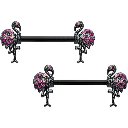 14 Gauge 9/16 Pink Gem Black Fashion Flamingo Barbell Nipple Ring Set