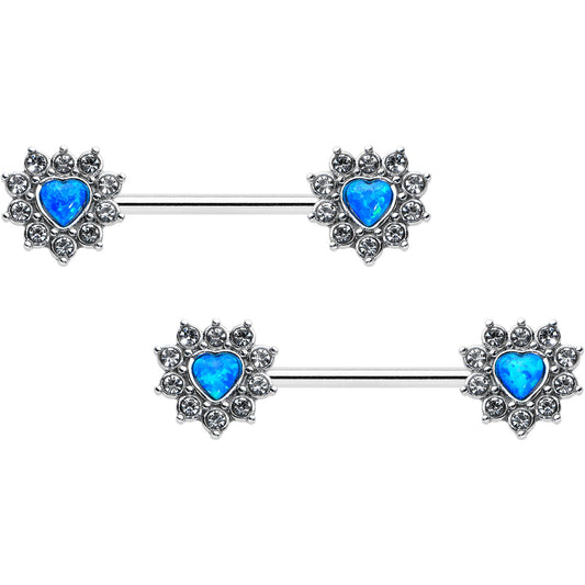 14 Gauge 9/16 Blue Synthetic Opal Sun Heart Nipple Ring Set