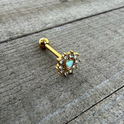 White Faux Opal Gold Tone Sun Heart Barbell Tongue Ring