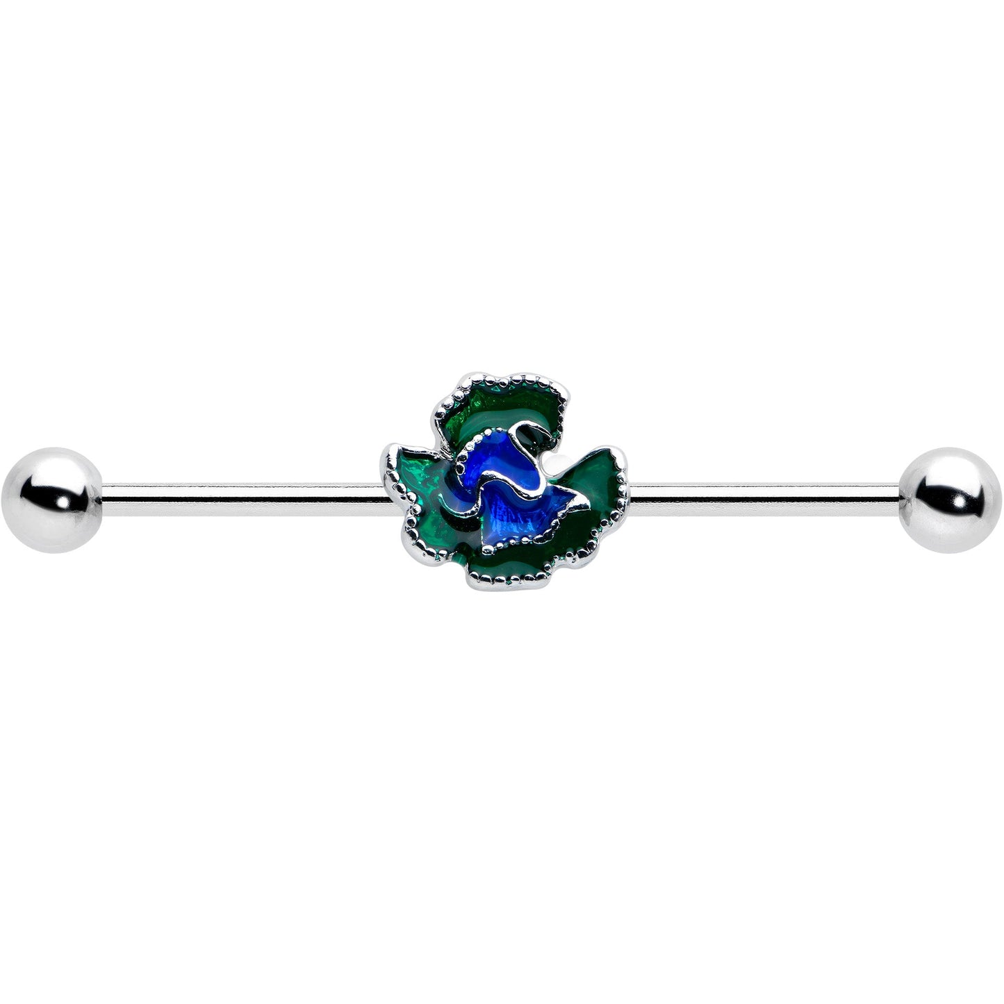 14 Gauge Spring Flower Green Blue Industrial Barbell 38mm