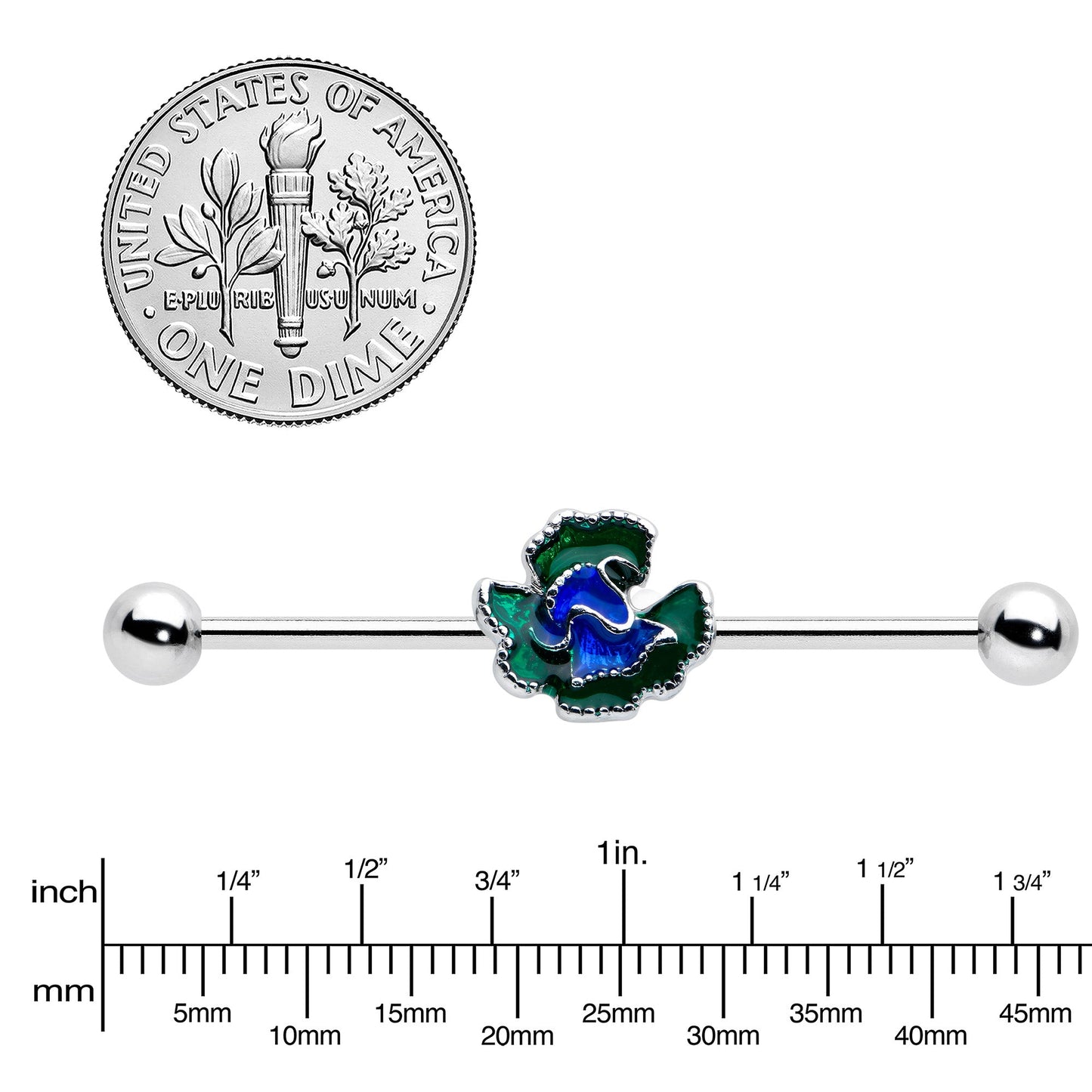 14 Gauge Spring Flower Green Blue Industrial Barbell 38mm