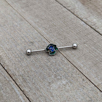 14 Gauge Spring Flower Green Blue Industrial Barbell 38mm