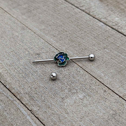 14 Gauge Spring Flower Green Blue Industrial Barbell 38mm