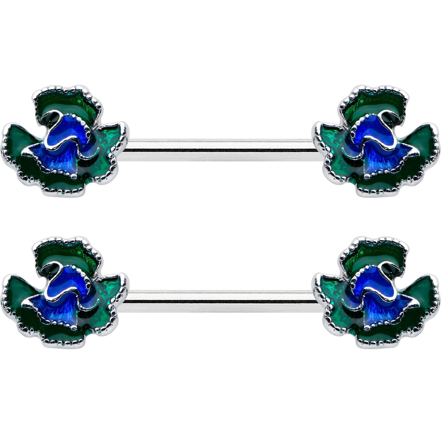 14 Gauge 9/16 Spring Flower Blue Green Barbell Nipple Ring Set