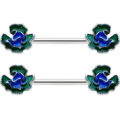 14 Gauge 9/16 Spring Flower Blue Green Barbell Nipple Ring Set