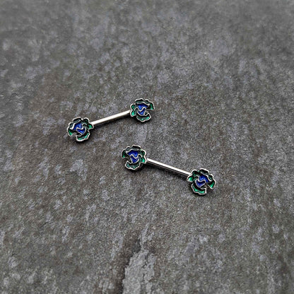 14 Gauge 9/16 Spring Flower Blue Green Barbell Nipple Ring Set