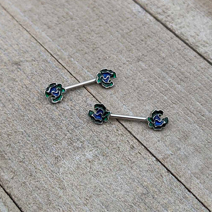 14 Gauge 9/16 Spring Flower Blue Green Barbell Nipple Ring Set