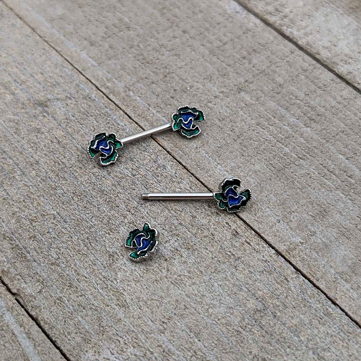 14 Gauge 9/16 Spring Flower Blue Green Barbell Nipple Ring Set