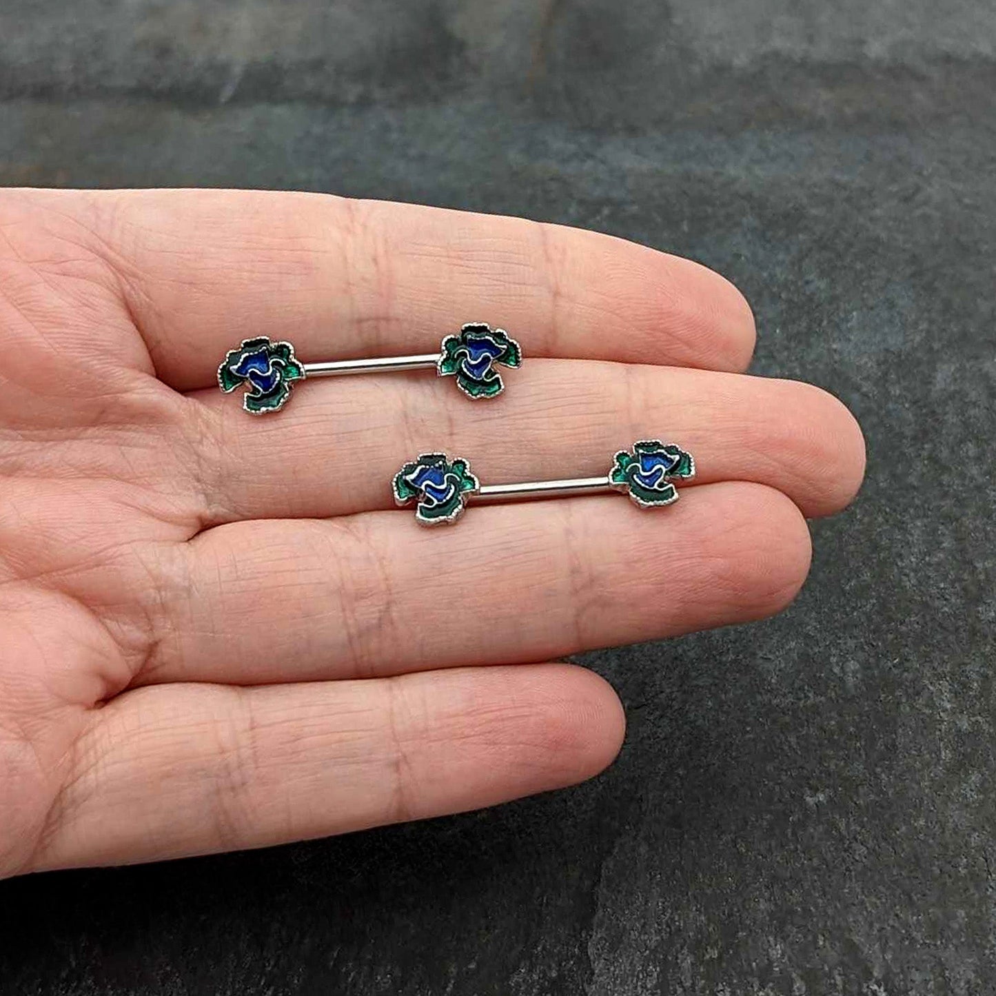 14 Gauge 9/16 Spring Flower Blue Green Barbell Nipple Ring Set