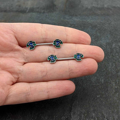 14 Gauge 9/16 Spring Flower Blue Green Barbell Nipple Ring Set