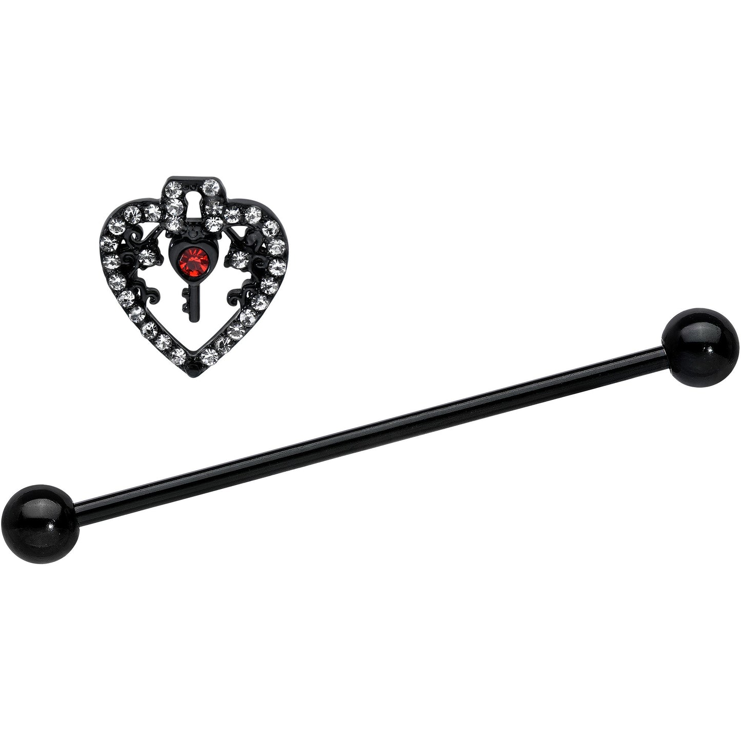 14 Gauge Clear Red Gem Black Key Heart Industrial Barbell 38mm