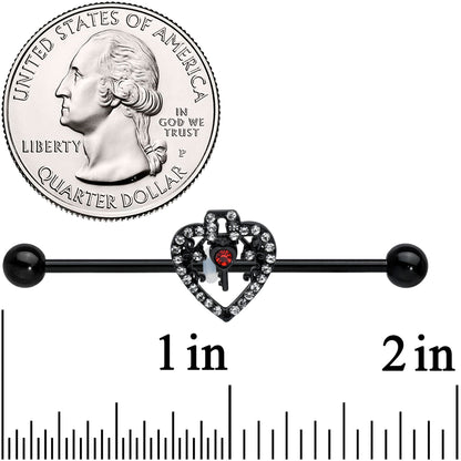 14 Gauge Clear Red Gem Black Key Heart Industrial Barbell 38mm