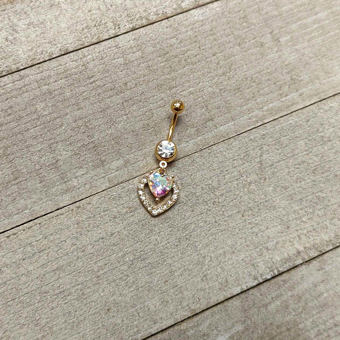 Clear Aurora Gem Gold Tone Rococo Heart Dangle Belly Ring