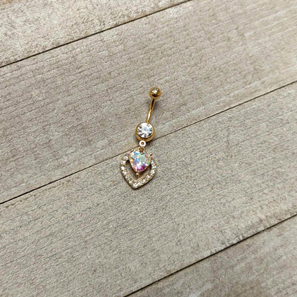 Clear Aurora Gem Gold Tone Rococo Heart Dangle Belly Ring