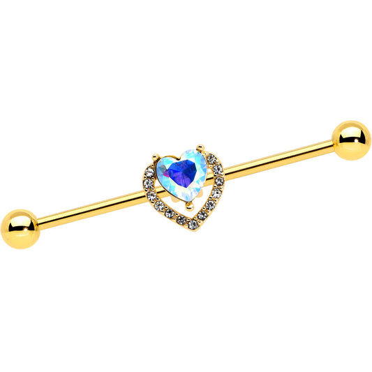 14 Gauge Aurora Gem Gold Hue Rococo Heart Industrial Barbell 38mm