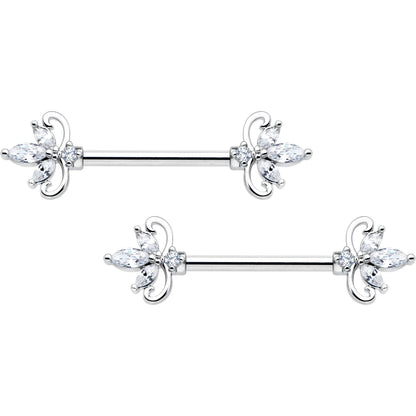 14 Gauge 9/16 Clear CZ Gem Double Heart Baroque Barbell Nipple Ring Set