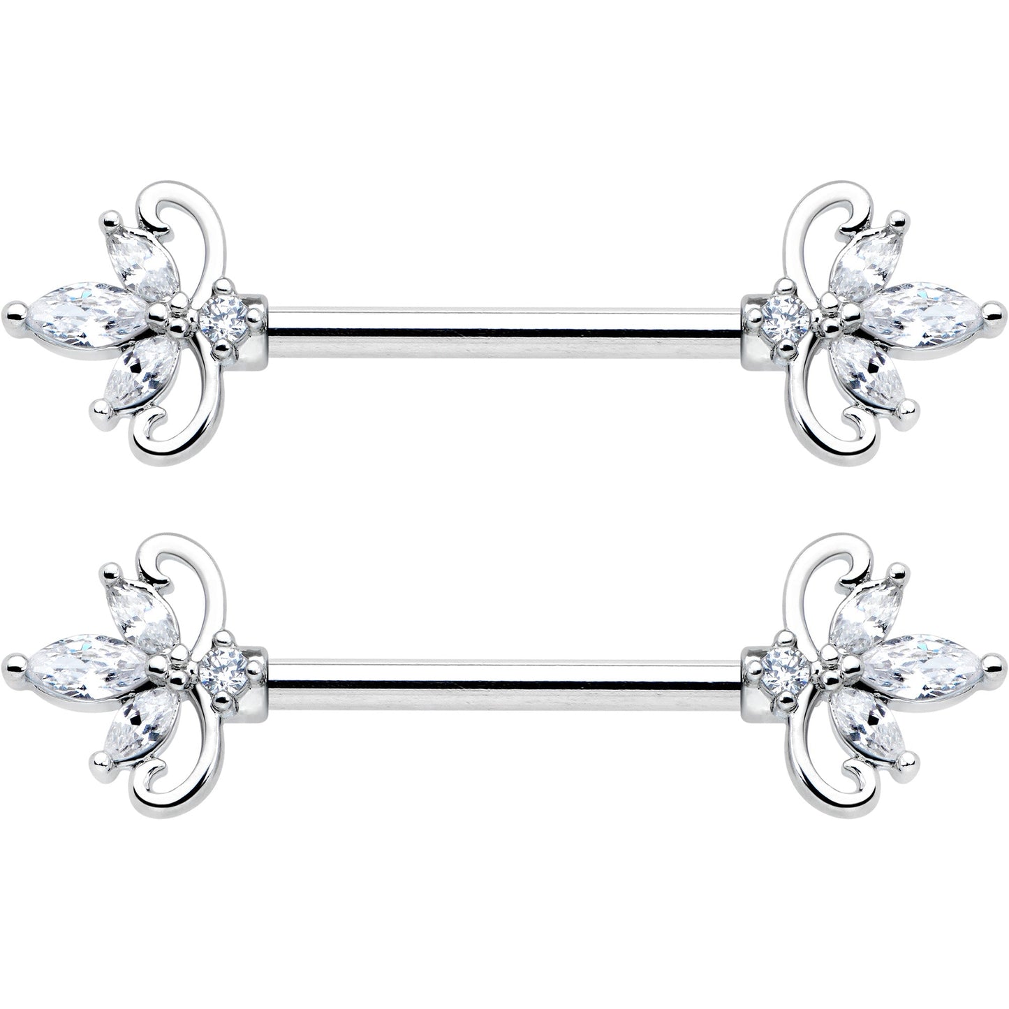 14 Gauge 9/16 Clear CZ Gem Double Heart Baroque Barbell Nipple Ring Set