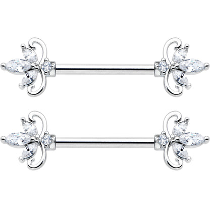 14 Gauge 9/16 Clear CZ Gem Double Heart Baroque Barbell Nipple Ring Set