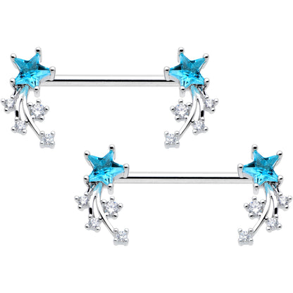 14 Gauge 9/16 Blue Clear CZ Gem Shooting Star Barbell Nipple Ring Set