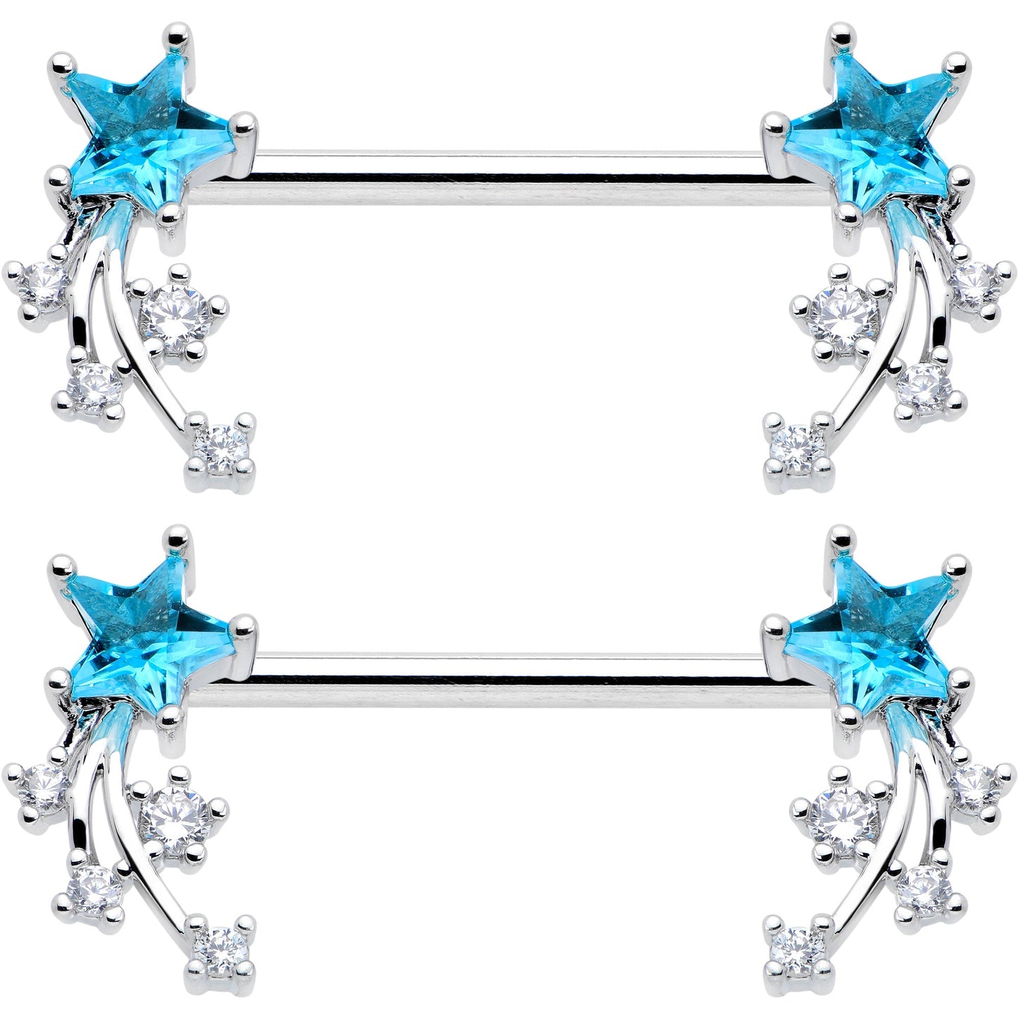 14 Gauge 9/16 Blue Clear CZ Gem Shooting Star Barbell Nipple Ring Set