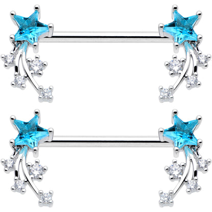 14 Gauge 9/16 Blue Clear CZ Gem Shooting Star Barbell Nipple Ring Set