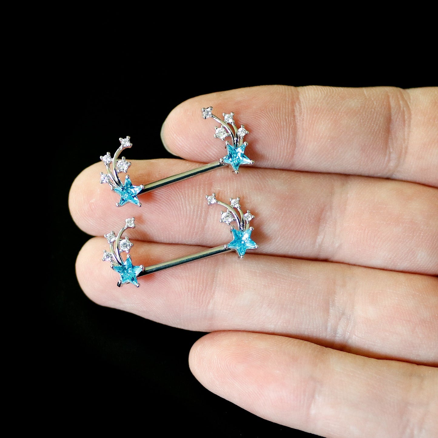 14 Gauge 9/16 Blue Clear CZ Gem Shooting Star Barbell Nipple Ring Set