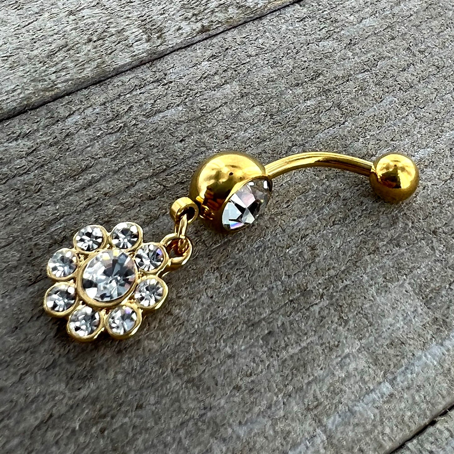 Clear Gem Gold Tone Whimsy Flower Dangle Belly Ring