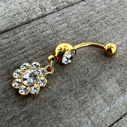 Clear Gem Gold Tone Whimsy Flower Dangle Belly Ring