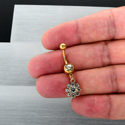 Clear Gem Gold Tone Whimsy Flower Dangle Belly Ring