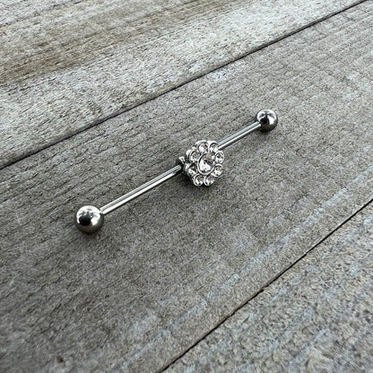 14 Gauge Clear Gem Whimsy Flower Industrial Barbell 38mm