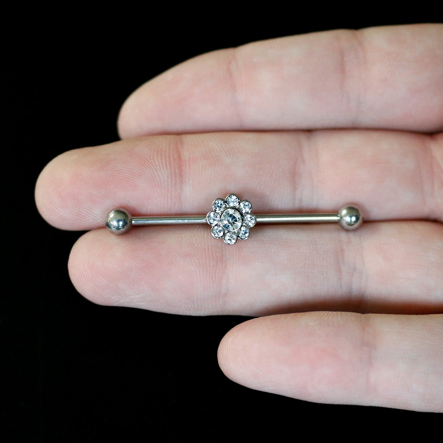 14 Gauge Clear Gem Whimsy Flower Industrial Barbell 38mm