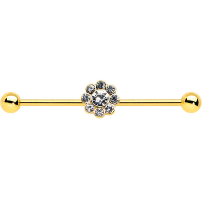 14 Gauge Clear Gem Gold Tone Whimsy Flower Industrial Barbell 38mm