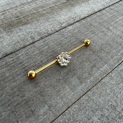 14 Gauge Clear Gem Gold Tone Whimsy Flower Industrial Barbell 38mm