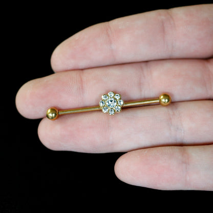 14 Gauge Clear Gem Gold Tone Whimsy Flower Industrial Barbell 38mm