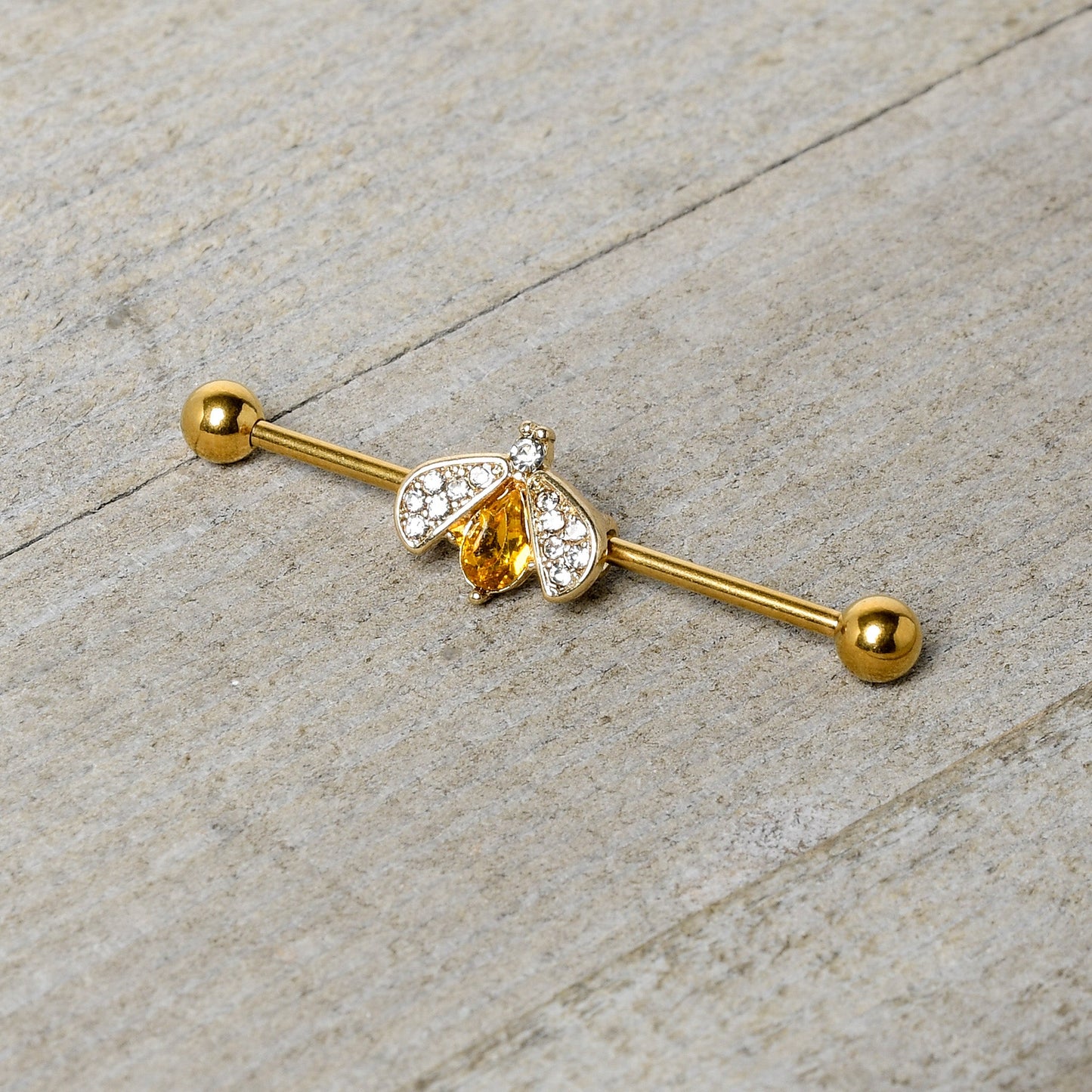 14 Gauge Clear Yellow Gem Gold Tone Style Bug Industrial Barbell 38mm