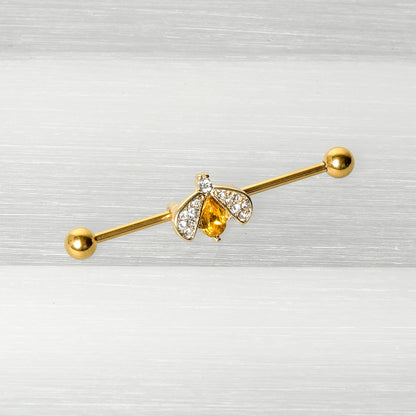 14 Gauge Clear Yellow Gem Gold Tone Style Bug Industrial Barbell 38mm