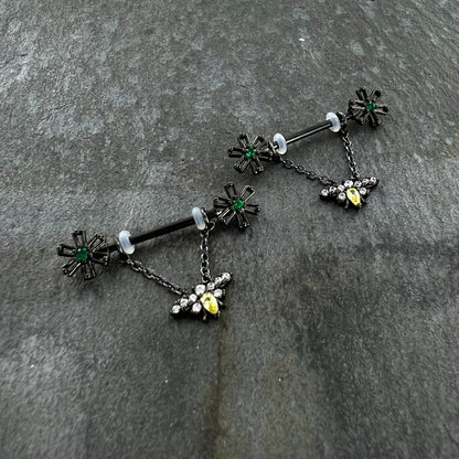 14 Gauge 9/16 Yellow Gem Black Butterfly Chain Dangle Nipple Ring Set