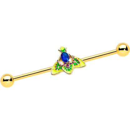 14 Gauge Blue Purple Gem Gold Tone Tropic Fan Industrial Barbell 38mm