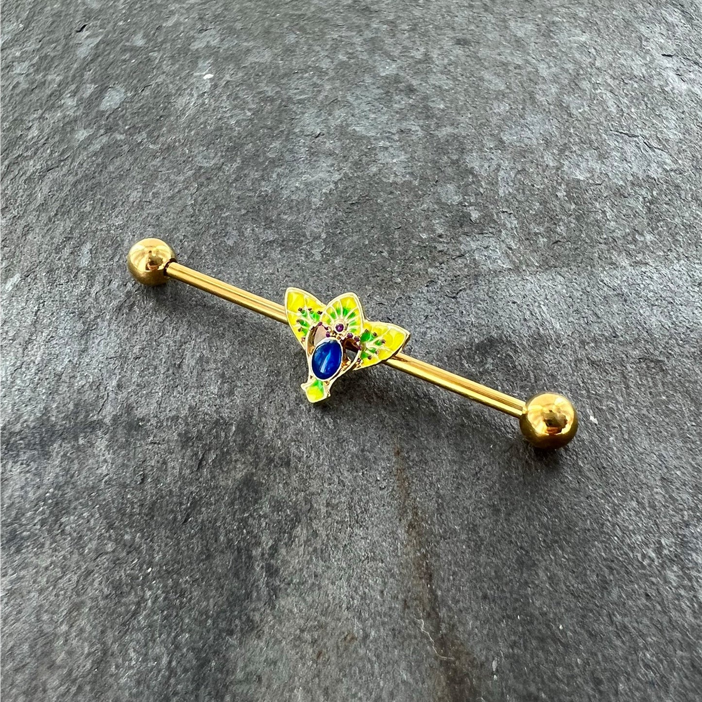 14 Gauge Blue Purple Gem Gold Tone Tropic Fan Industrial Barbell 38mm