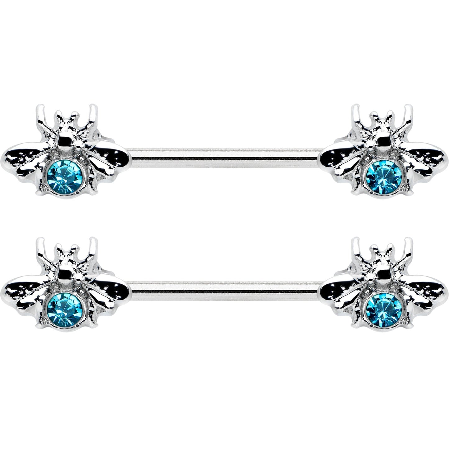 14 Gauge 9/16 Blue Gem Bee Beautiful Insect Barbell Nipple Ring Set