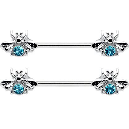 14 Gauge 9/16 Blue Gem Bee Beautiful Insect Barbell Nipple Ring Set