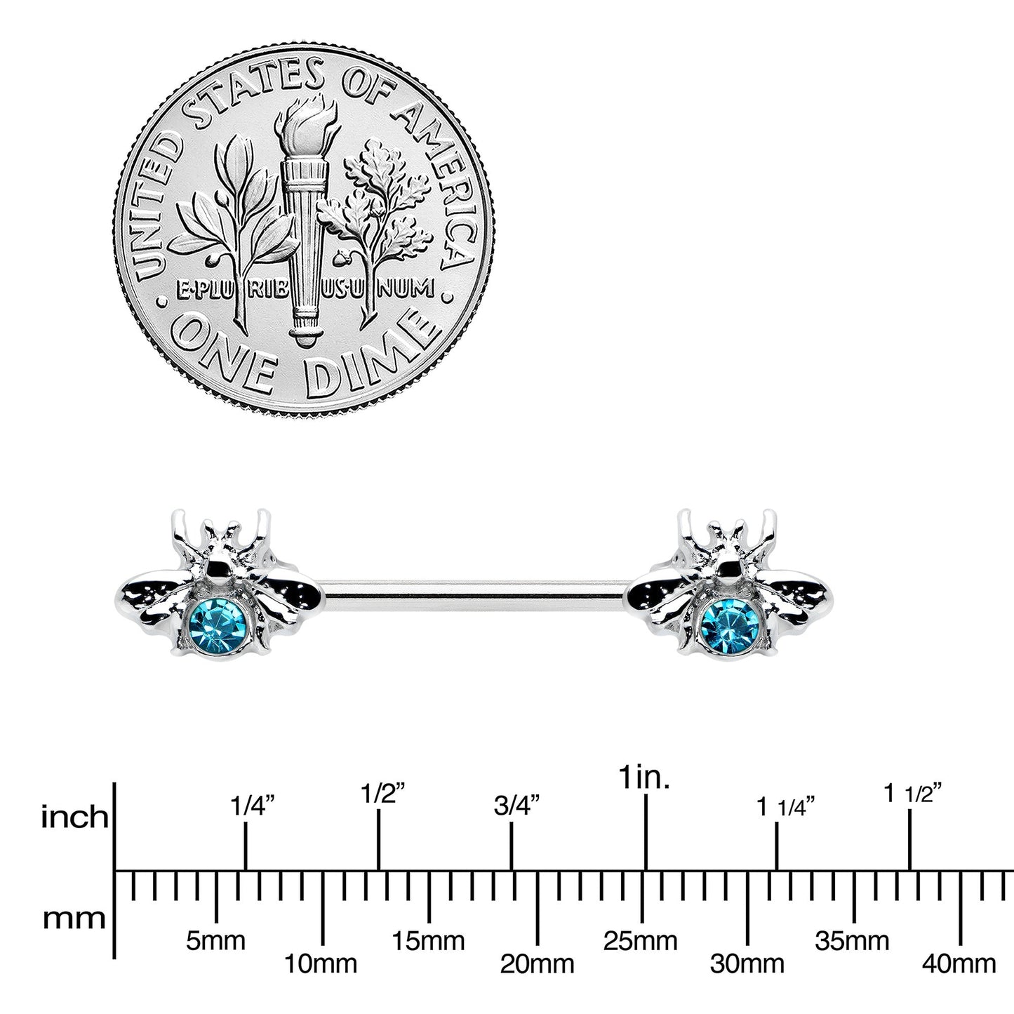 14 Gauge 9/16 Blue Gem Bee Beautiful Insect Barbell Nipple Ring Set