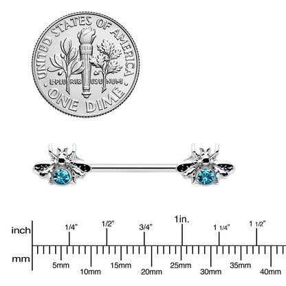 14 Gauge 9/16 Blue Gem Bee Beautiful Insect Barbell Nipple Ring Set