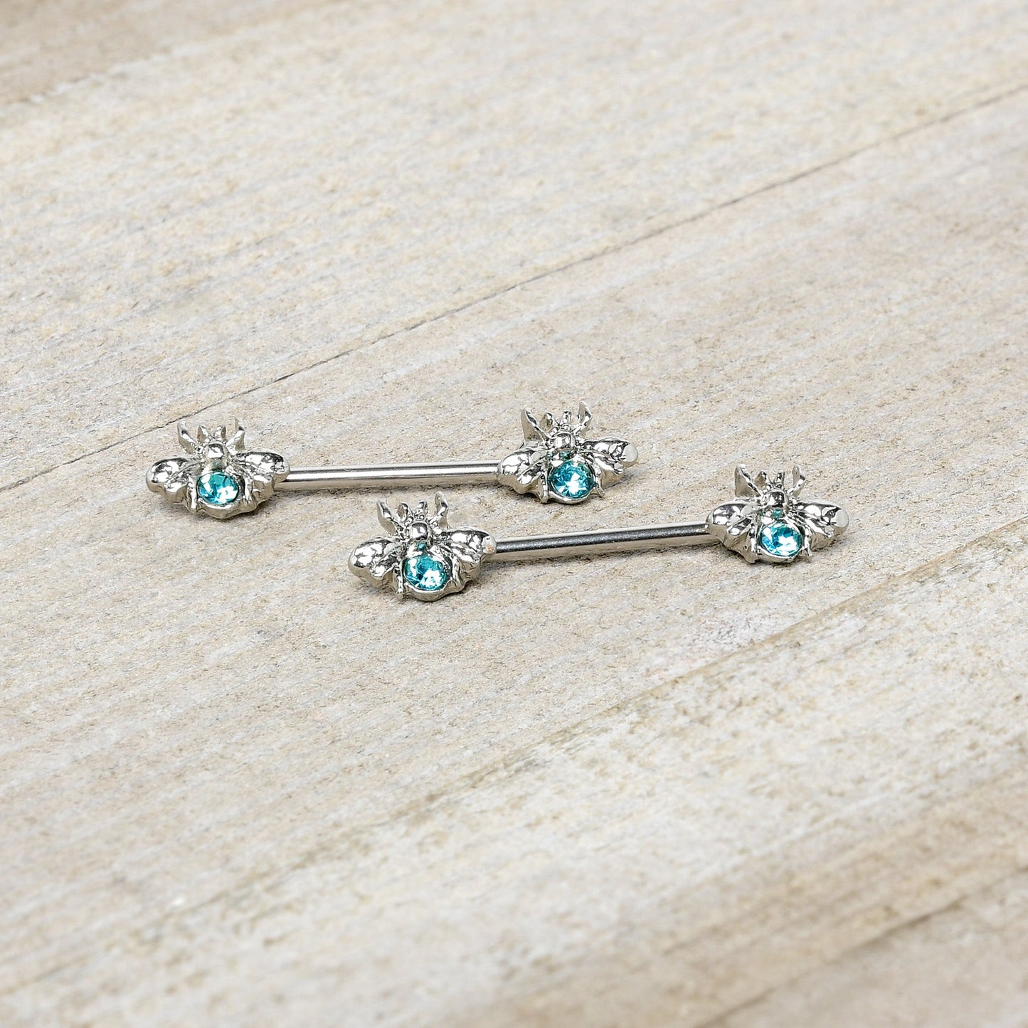 14 Gauge 9/16 Blue Gem Bee Beautiful Insect Barbell Nipple Ring Set