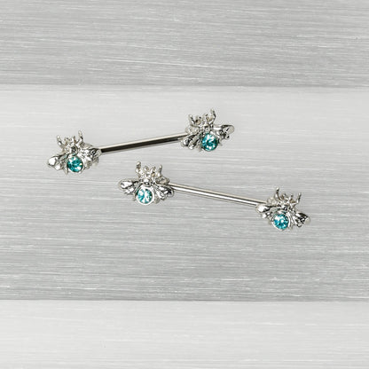 14 Gauge 9/16 Blue Gem Bee Beautiful Insect Barbell Nipple Ring Set