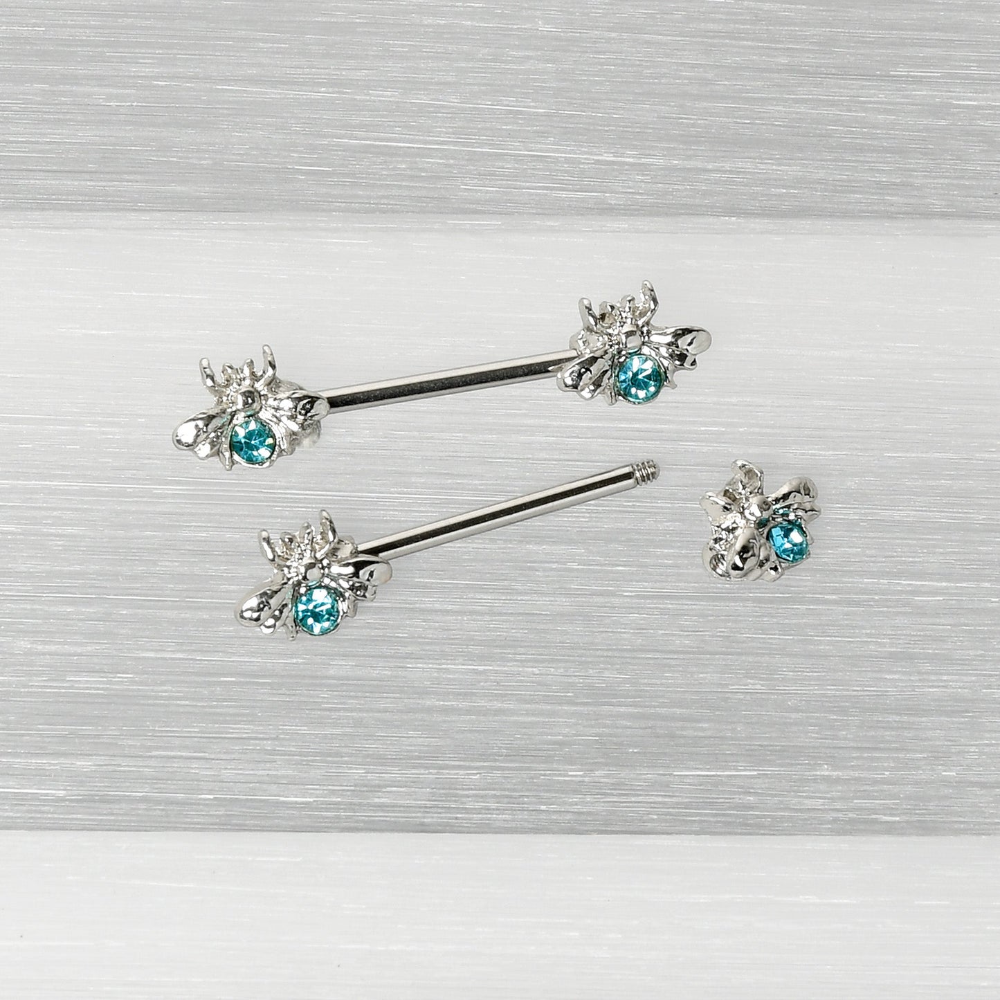 14 Gauge 9/16 Blue Gem Bee Beautiful Insect Barbell Nipple Ring Set