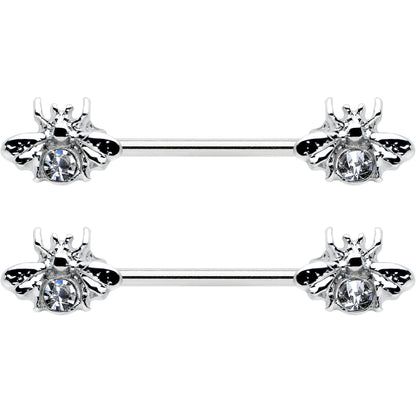 14 Gauge 9/16 Clear Gem Bee Beautiful Insect Barbell Nipple Ring Set