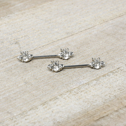 14 Gauge 9/16 Clear Gem Bee Beautiful Insect Barbell Nipple Ring Set