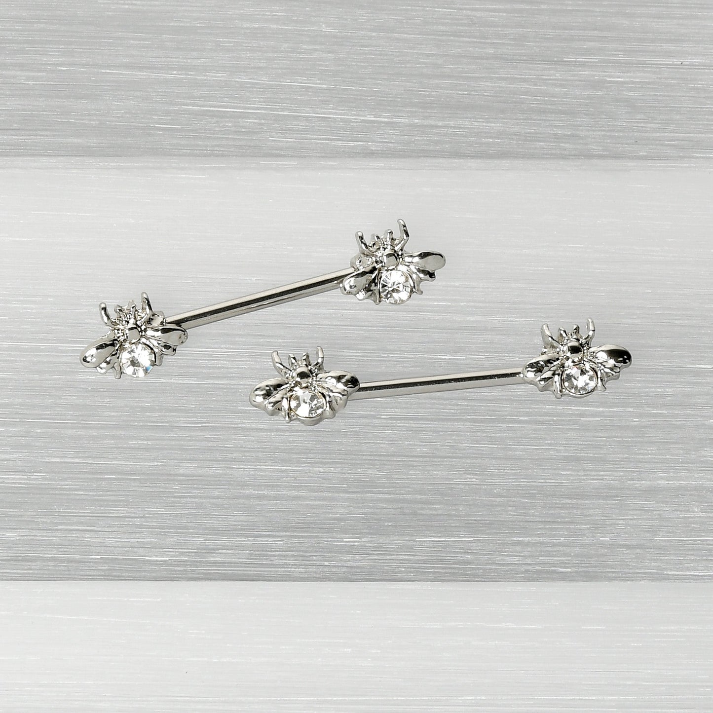 14 Gauge 9/16 Clear Gem Bee Beautiful Insect Barbell Nipple Ring Set