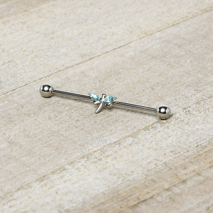 14 Gauge Blue Gem Simple Stylized Dragonfly Industrial Barbell 38mm